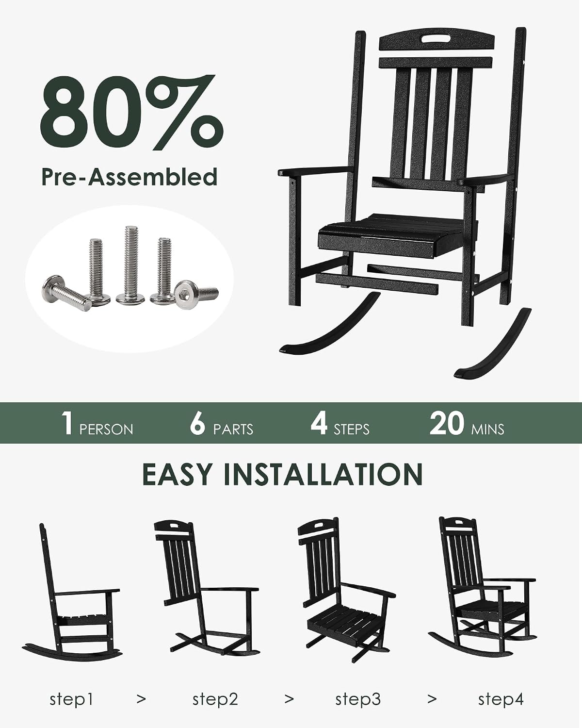 Outdoor Rocking Chair, All-Weather Resistant Poly Lumber Rocker Chair Outdoor, High Back Plastic Patio Rocking Chairs for Outside Porch Rocker Garden Lawn, Black