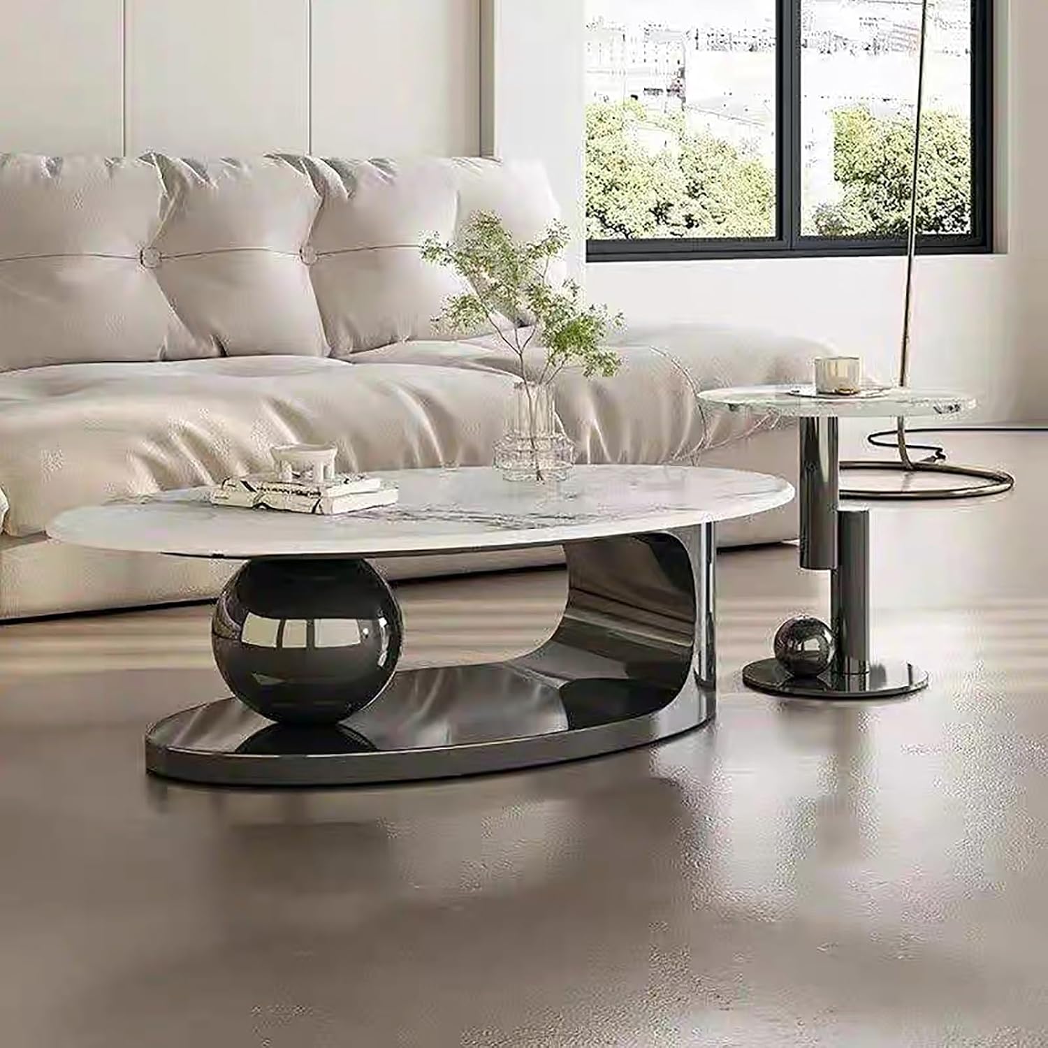 Modern Coffee Table Set of 2 - Stylish Black & Gold Oval Nesting Tables for Living Room, Contemporary Center & Side Table, 47" + 18" Cocktail Table Combo