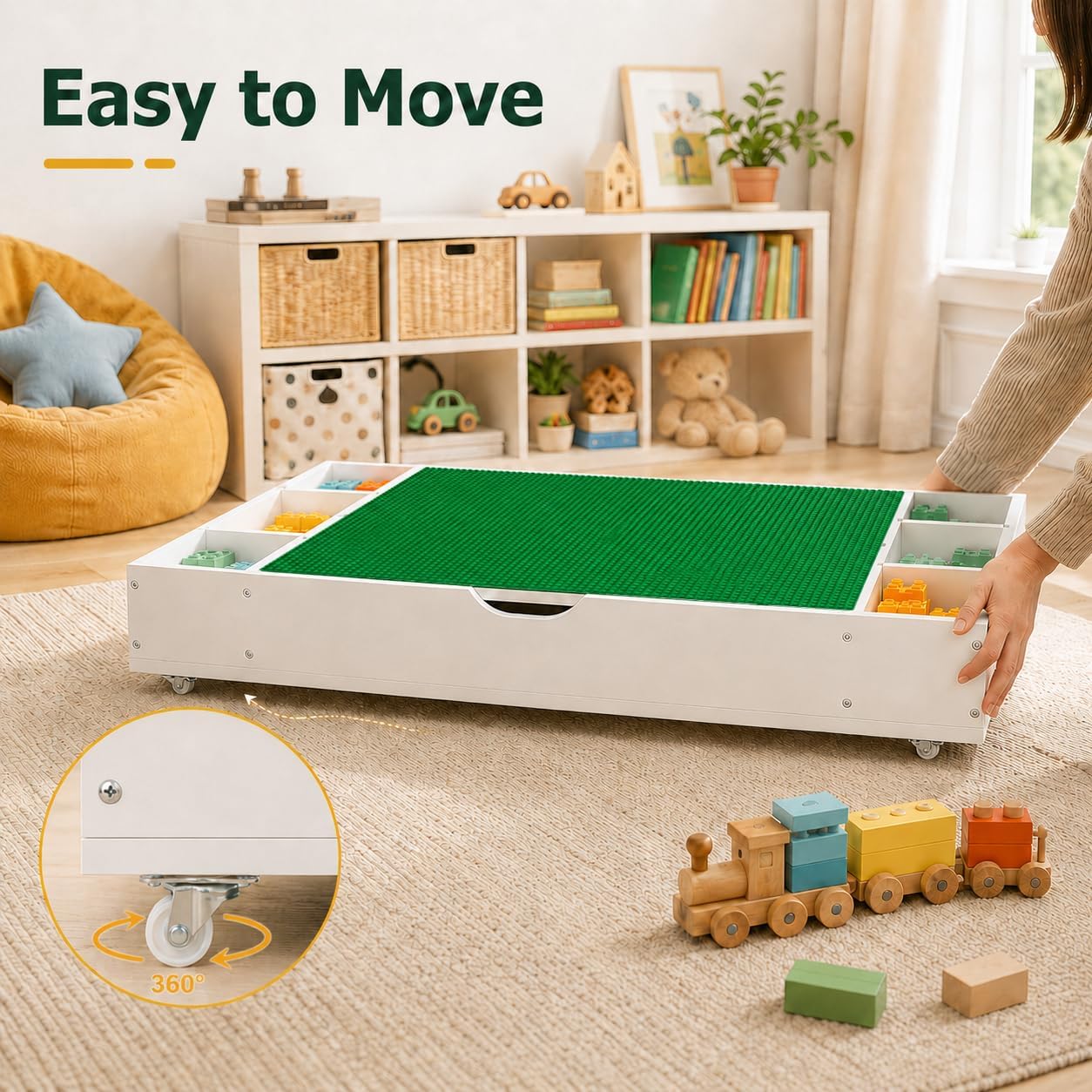 Kids Activity Table, 3-in-1 Block Table with Whiteboard and Storage | 3-in-1 Block, Whiteboard And Road Map Table With 11 Storage Dividers, Removable Wheels And 5.7-Inch Low Profile