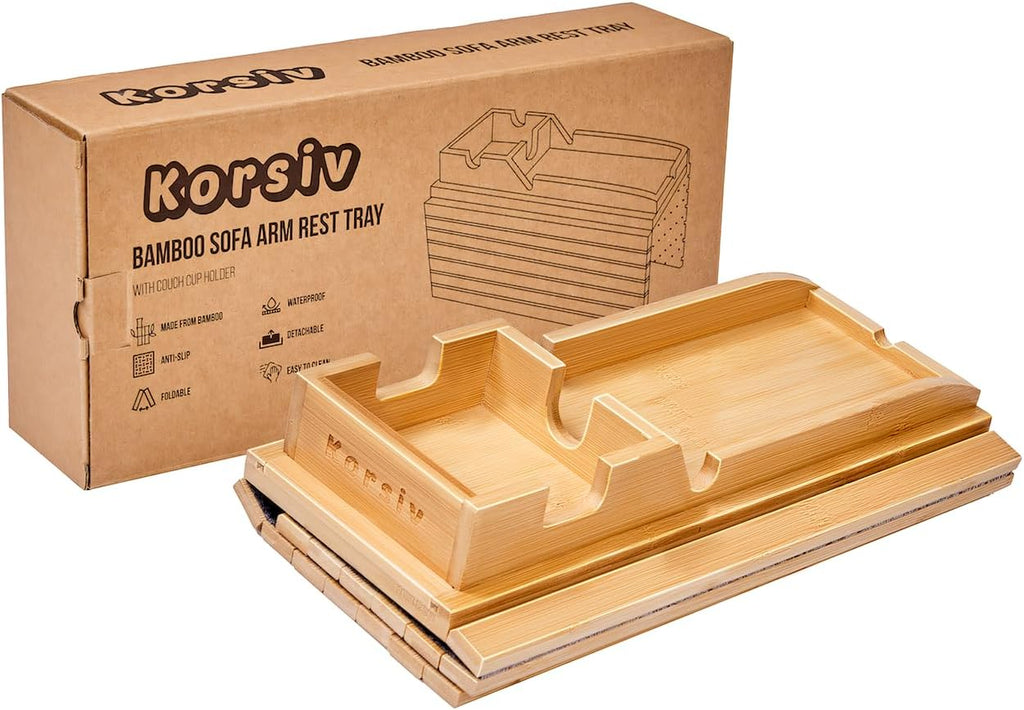 Bamboo Sofa Armrest Tray - Couch Arm Tray with Detachable Couch Cup Holder - 2 in 1 Anti-Slip Foldable Sofa Armchair Caddy Table - Cup Holder for Drinks Cellphone TV Remote Snacks
