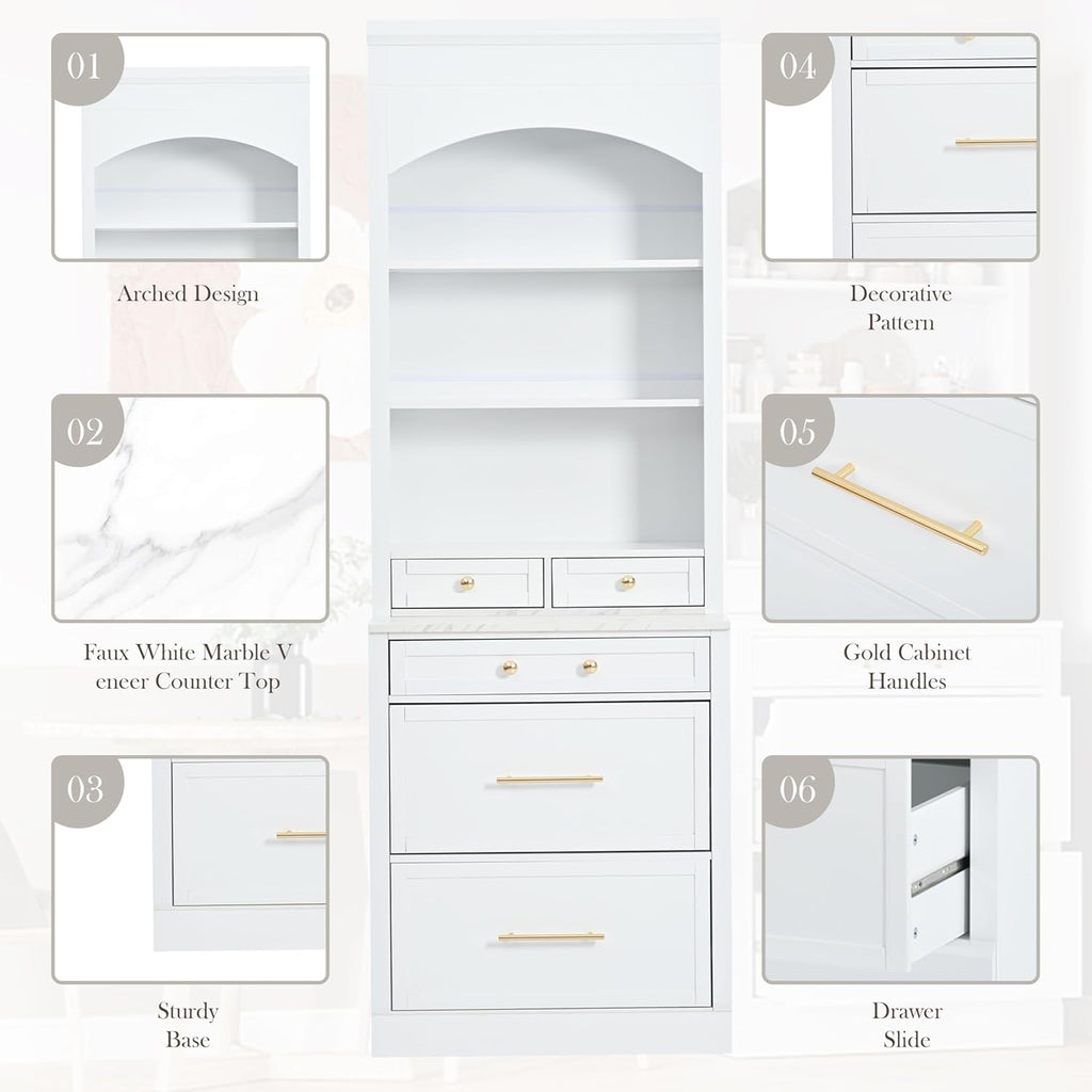 Mirightone 83.7Inch Tall Kitchen Pantry Cabinet, Corner Cabinet with 5 Storage Drawers and Adjustable Shelf, Freestanding Kitchen Pantry with Faux Marble Top, Set of 2, White
