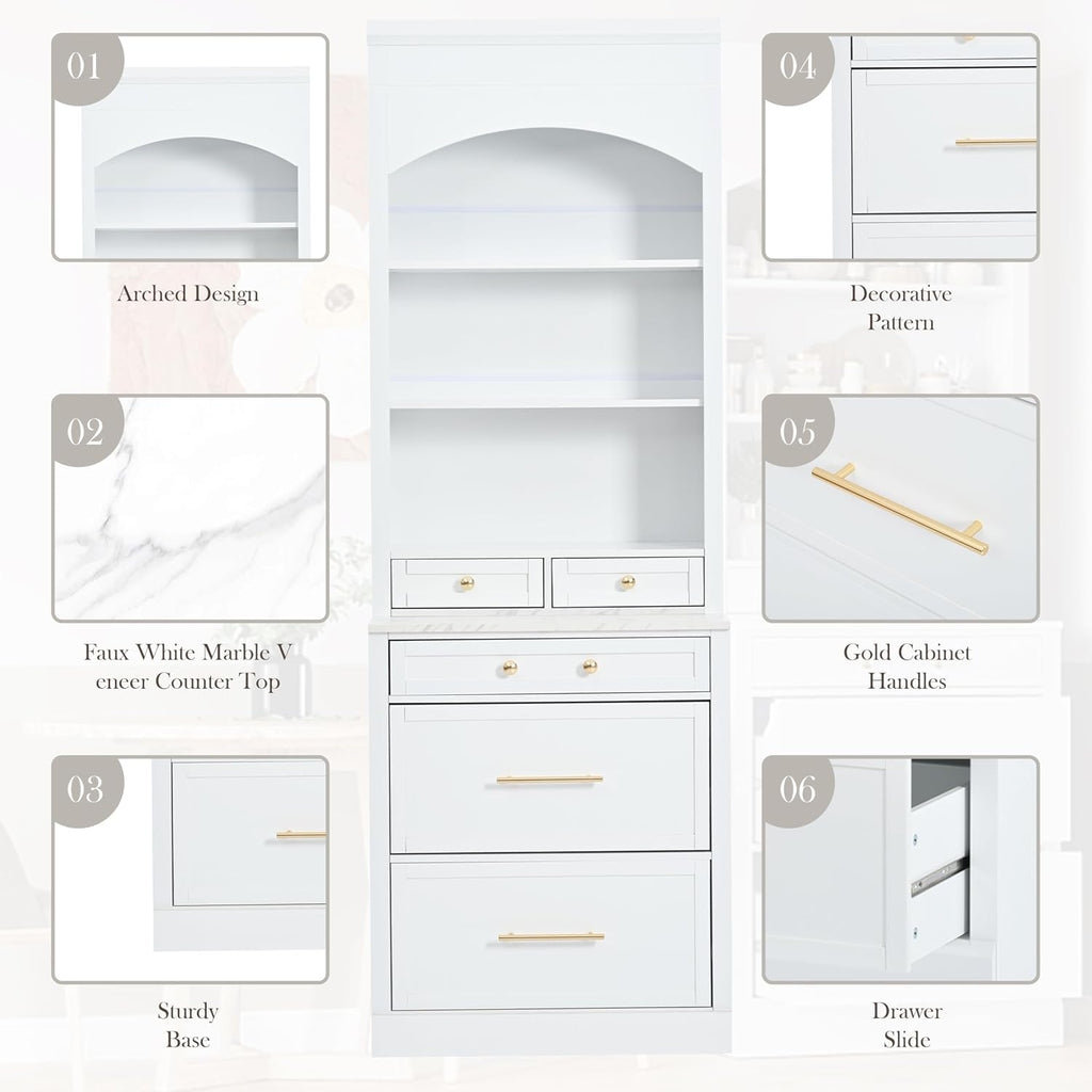 84'' Tall Kitchen Pantry, Storage Cabinet with 5 Storage Drawers and Adjustable Shelf, Anti-Tip Safety, Faux Marble Top Display Cupboard for Kitchen, Dining Room, Living Room, White