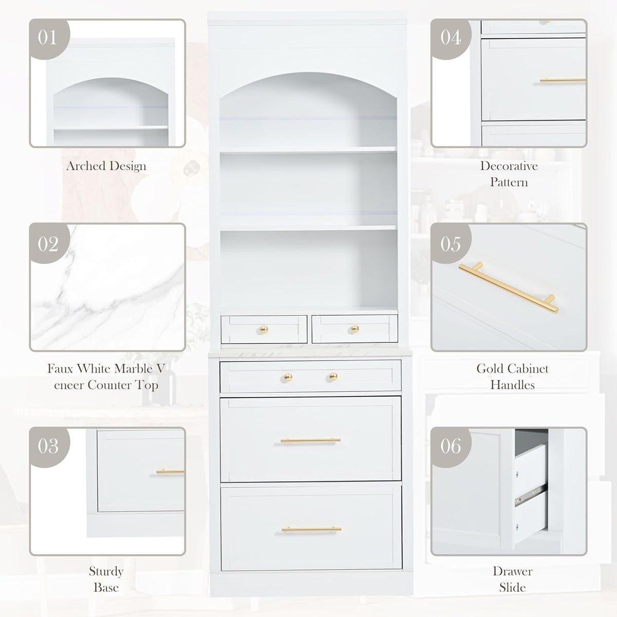 Set of 2 Tall Kitchen Pantry Storage Cabinet with Faux Marble Top, Freestanding Pantry Cabinet with 5 Storage Drawers and Adjustable Shelf Modern Kitchen Hutch Display Cupboard Food Cabinets, White
