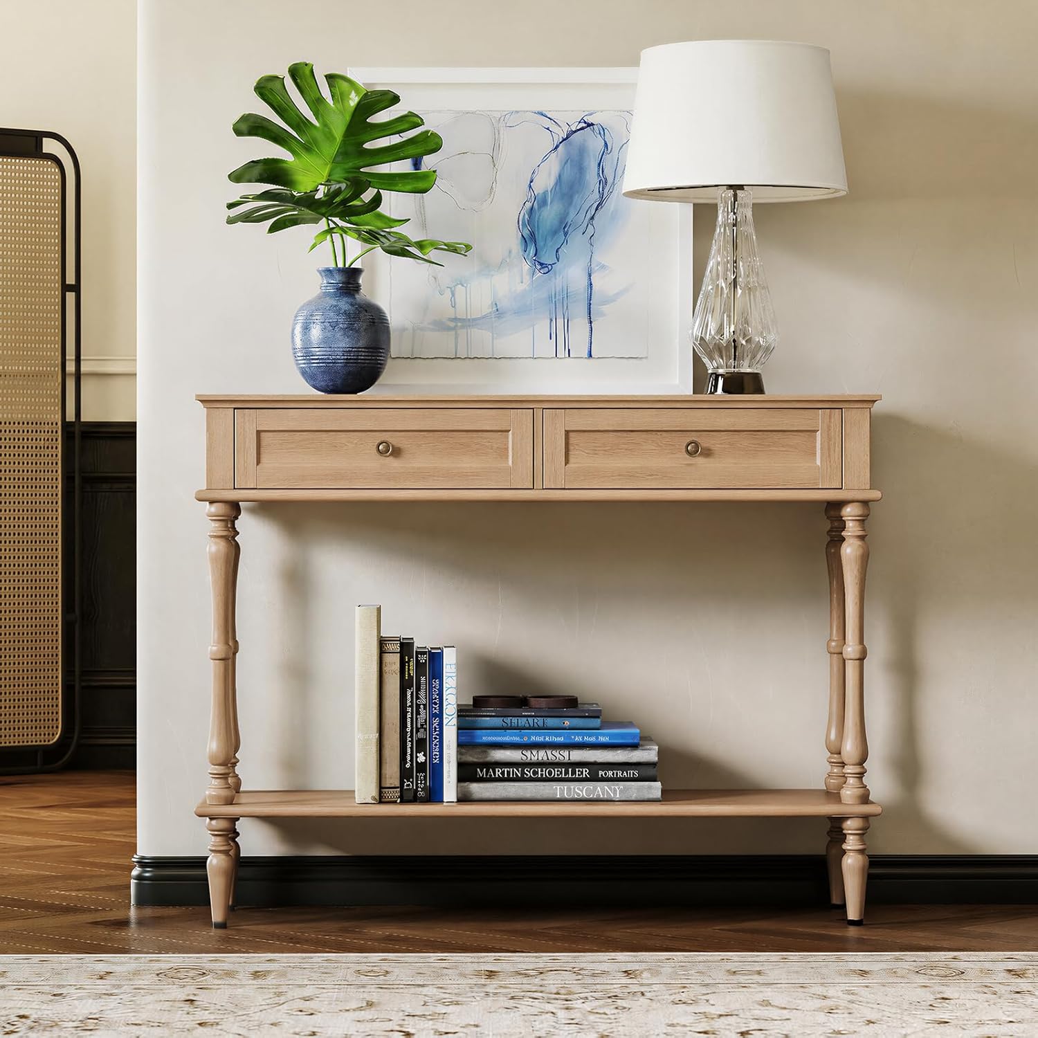 ARTPOWER Console Table for Entryway with 2 Drawers-Minimal Assembly,Retro Entryway Table with Storage Cabinets and Open Shelf,Narrow Long Couch Table Behind Sofa for Living Room,Foyer,Hallway,Natural