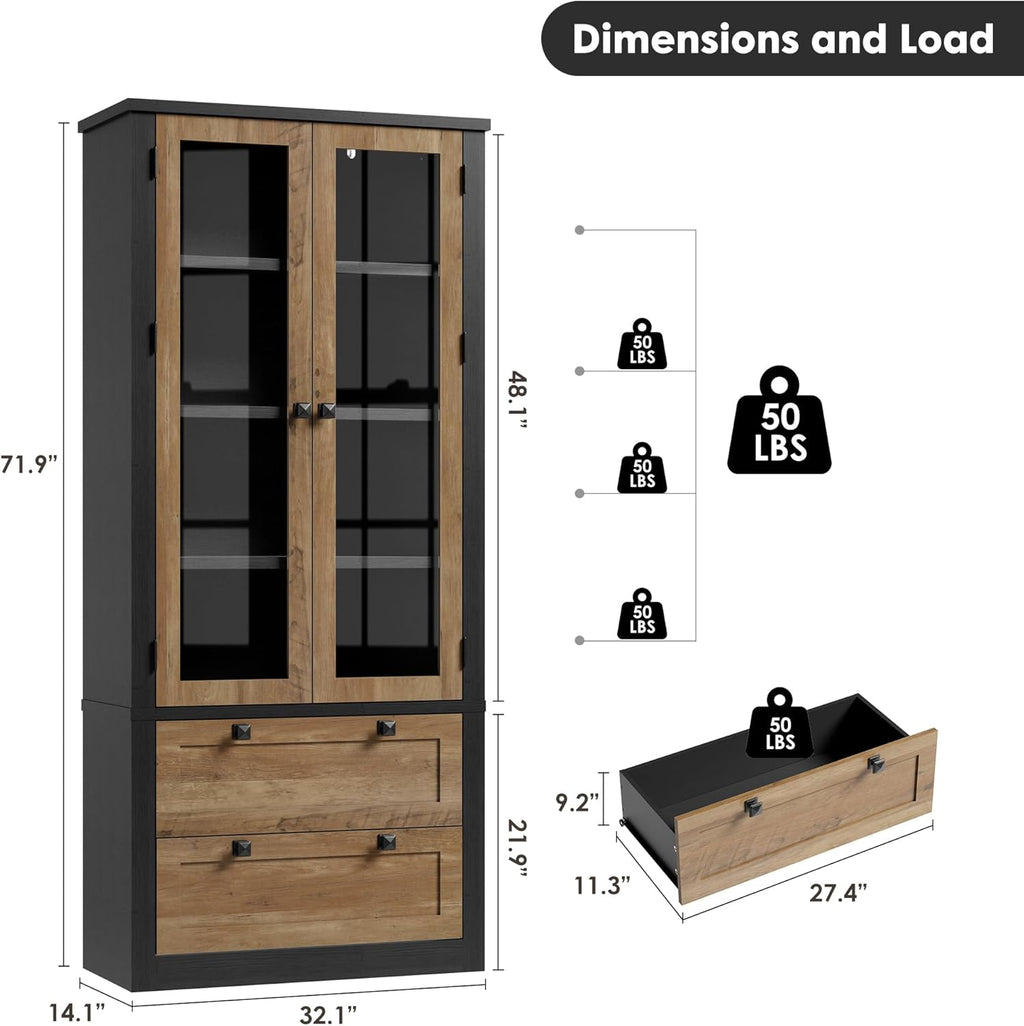 71" Tall Kitchen Pantry Cabinet - Modern Display Storage Cabinet with 2 Large Drawers, Glass Doors, and Adjustable Shelves, Kitchen Cupboard for Dining Room, Bathroom, Living Room, Black + Brown