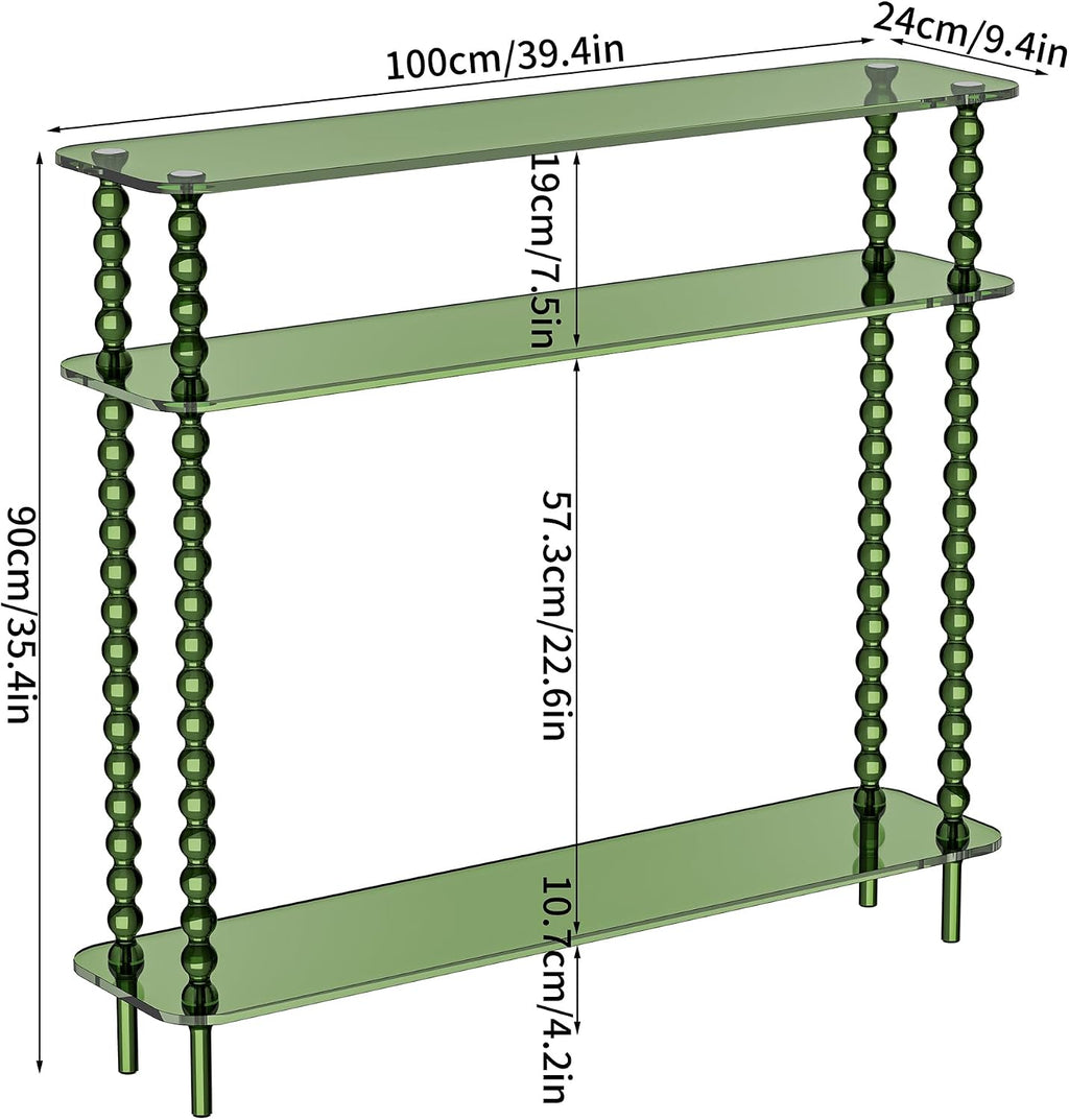 Acrylic Console Table Narrow, 3 Tier Long Entryway Table with Storage, Mid-Century Modern Sofa Table Entry Table for Living Room, Hallway (Green, 39.4“×9.4”×35.4“)