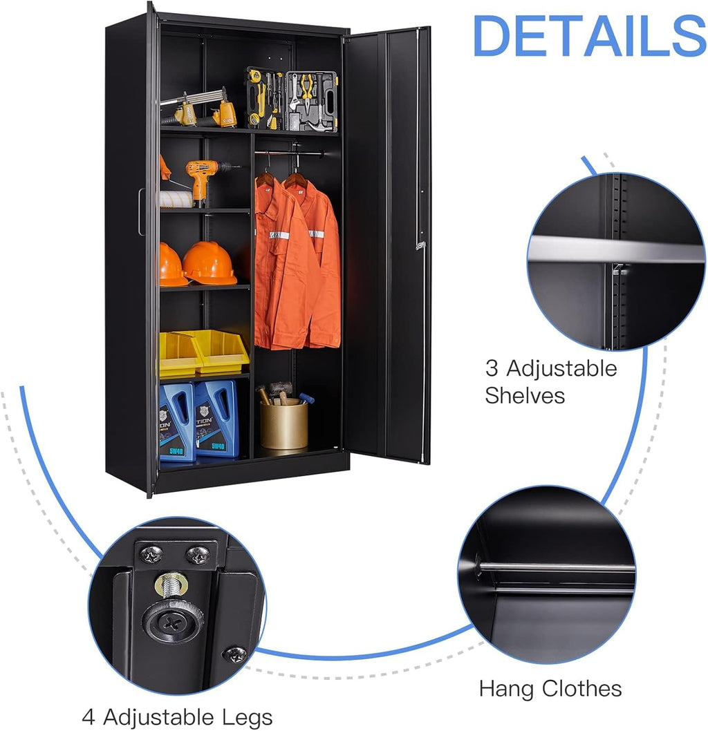 Yizosh Metal Armoire Wardrobe Closet Cabinet for Hanging Clothes with Lock Doors, -72" Steel Lockable Wardrobe Storage Locker Clothes Organizer for Bedroom, Laundry Room (Black)