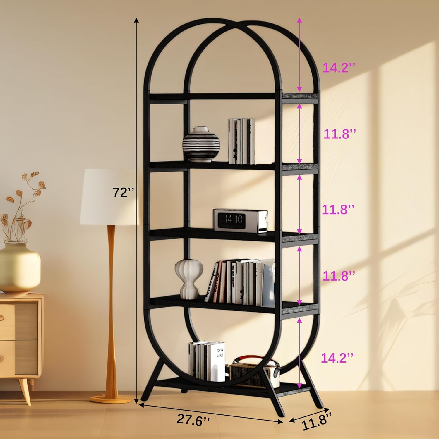Arched Bookshelf,5-Tier Tall Wide Open Bookshelf,Modern Brown Storage Bookshelves, Freestanding Display Rack Shelving Unit for Office, Bedroom, Living Room, Easy Assembly, Black