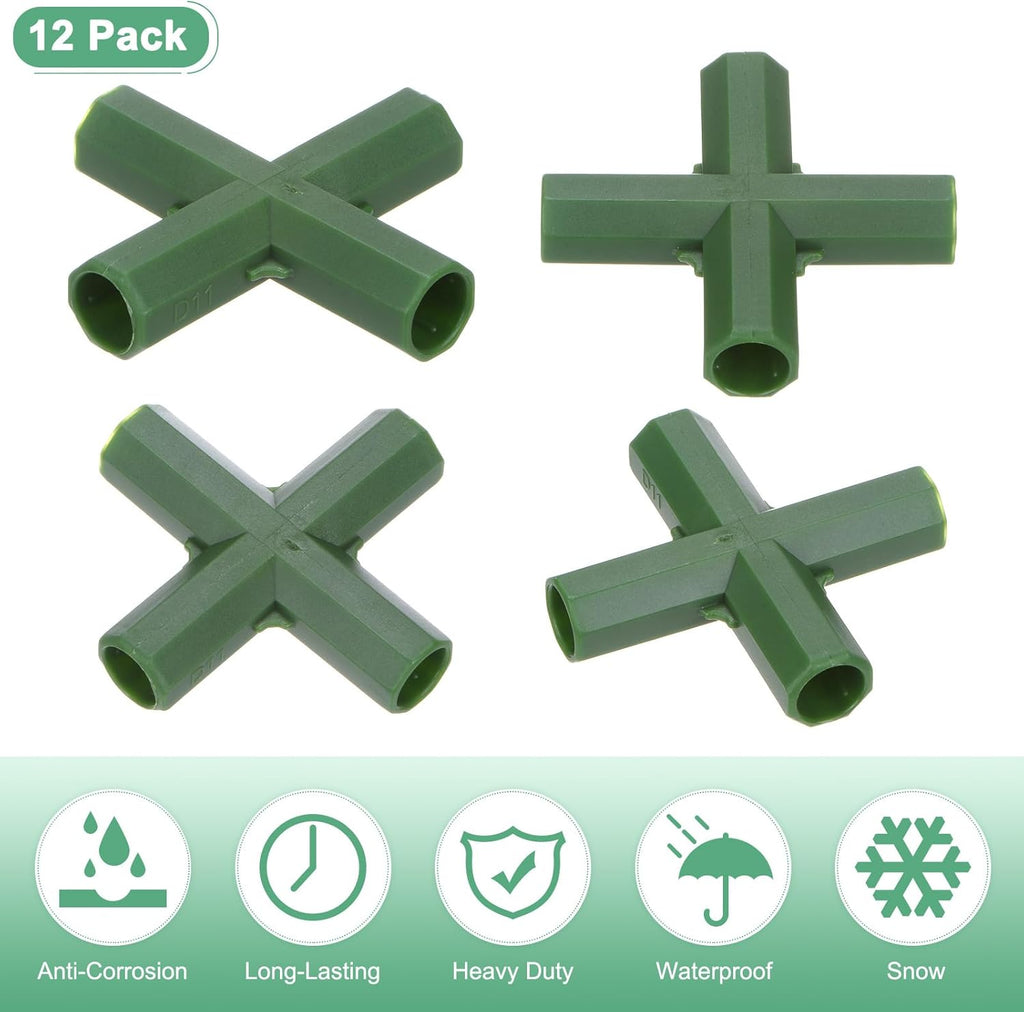 12 Pcs 11mm Greenhouse Frame Building Connectors, 4 Way Flat Pipe Fitting for Grape Trellis/Sunscreen Shed/Gardening Plant Stakes, Greenhouse Accessories [Green]