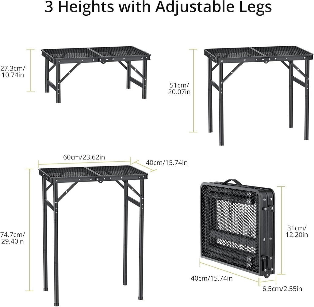 Anbte 2ft Folding Camping Grill Table Max 29.5", 3 Adjustable Height, Black | Heat-Resistant Mesh Tabletop, Waterproof, Portable Metal Grill Table, Lightweight, For Camp Cooking BBQ Outdoor, 23" X 16"