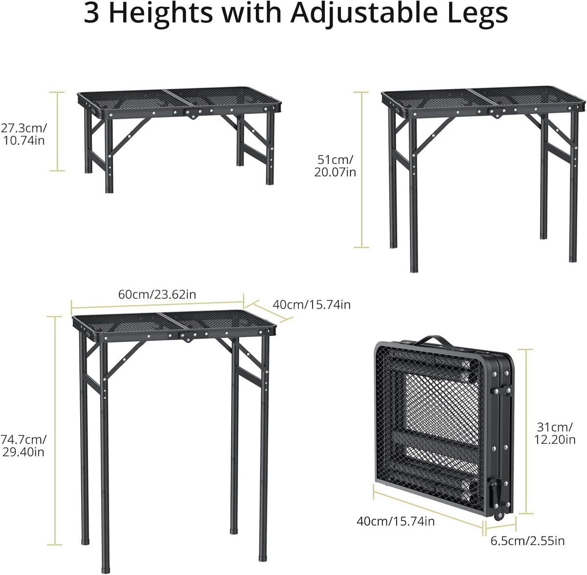 Anbte 2ft Folding Camping Grill Table Max 29.5", 3 Adjustable Height, Black | Heat-Resistant Mesh Tabletop, Waterproof, Portable Metal Grill Table, Lightweight, For Camp Cooking BBQ Outdoor, 23" X 16"