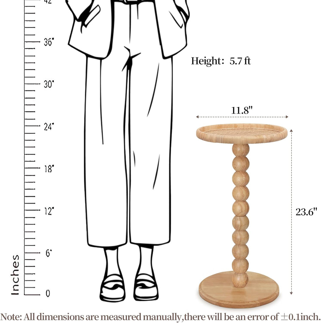 Drink Table, Boho Rattan Small Round Side Table for Small Spaces, Solid Wood Circle End Table for Living Room, Pedestal Table for Couch, Bedroom, Corners, Natural
