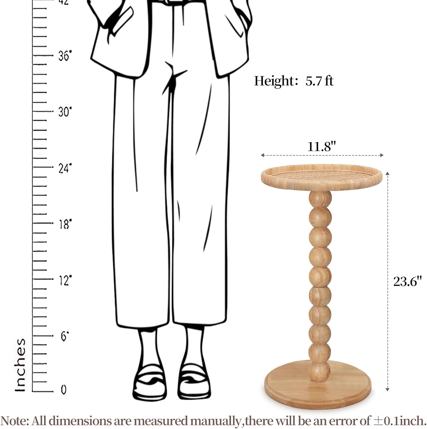 Drink Table, Boho Rattan Small Round Side Table for Small Spaces, Solid Wood Circle End Table for Living Room, Pedestal Table for Couch, Bedroom, Corners, Natural