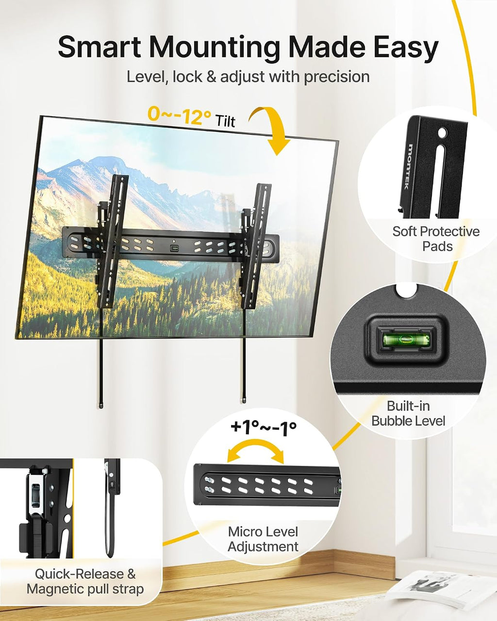 monTEK Ultra Slim Tilting TV Wall Mount for 43–95 inch TVs Holds 150 lbs | 1.2 in Low Profile, 0~-12° Tilt, 4X Safety Tested, Max VESA 800x400mm, Fits 16/18/24 in Wood Studs, Living Room, Home Theater