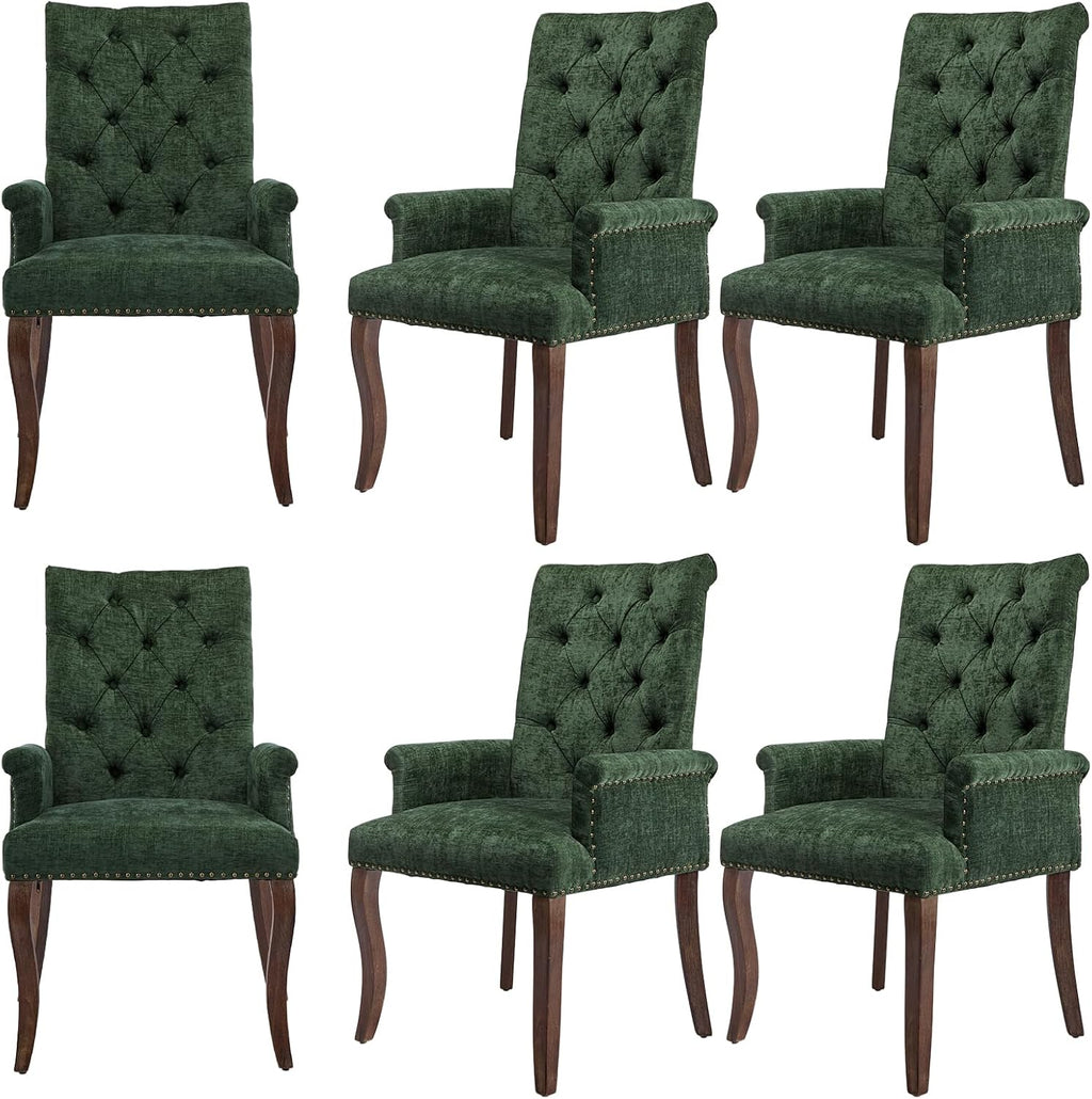 cinkehome Set of 6 Upholstered Dining Chairs, Dining Room Kitchen Chair with Armrest and Solid Wood Leg, Mid Century Modern Side Chairs (Olive Green, Chenille)