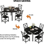 IRONCK Dining Table Set for 4, Round Kitchen Table and 4 Stool Chair for Dining Room, 44.5inch Drop Leaf Desk, Small Space Saving, Black