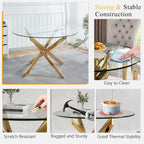 Round Glass Dining Table Set for 4, Small Kitchen Table Set for 4, 47" Circle Gold Glass Table and Chairs Set of 4,5 Piece Round Dining Room Table Set w/Beige Velvet Chairs for Breakfast Dinette Cafe