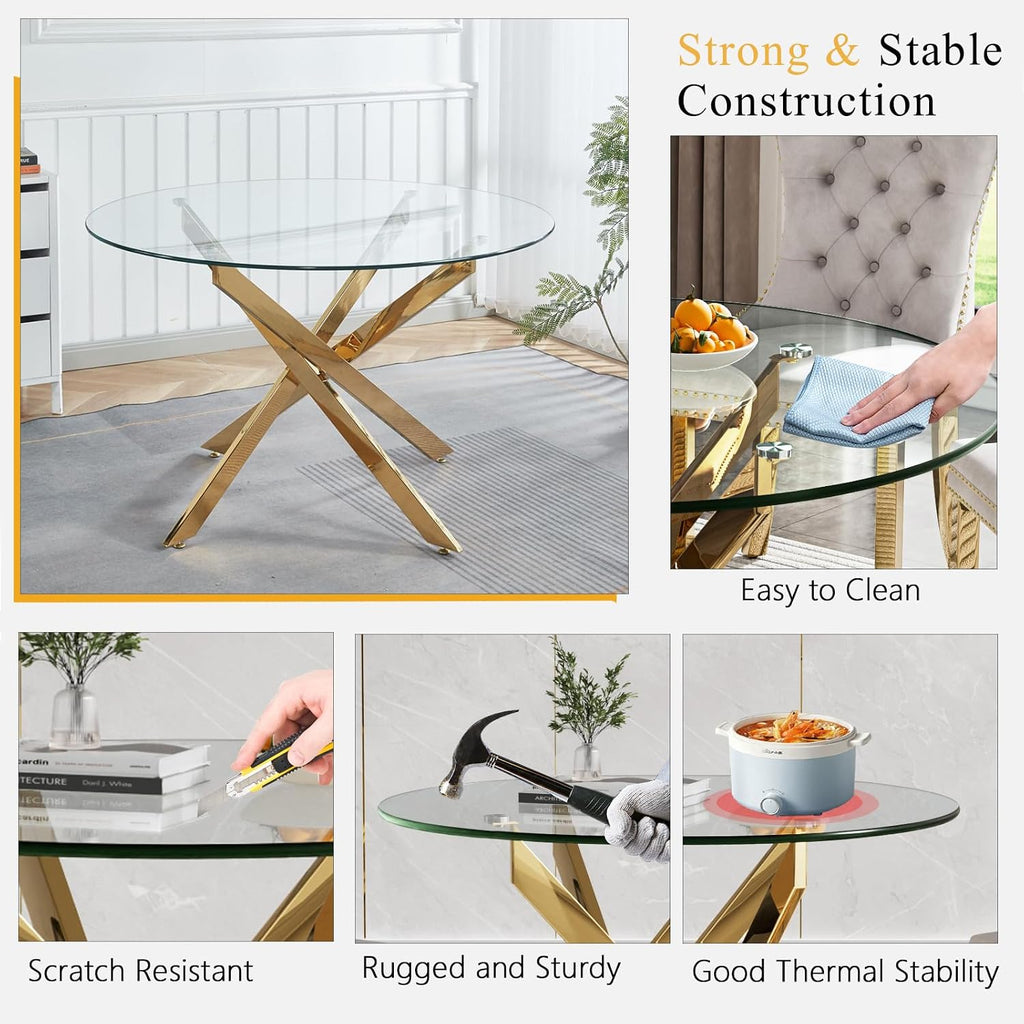 Round Glass Dining Table Set for 4, Small Kitchen Table Set for 4, 47" Circle Gold Glass Table and Chairs Set of 4,5 Piece Round Dining Room Table Set w/Black Velvet Chairs for Breakfast Dinette Cafe