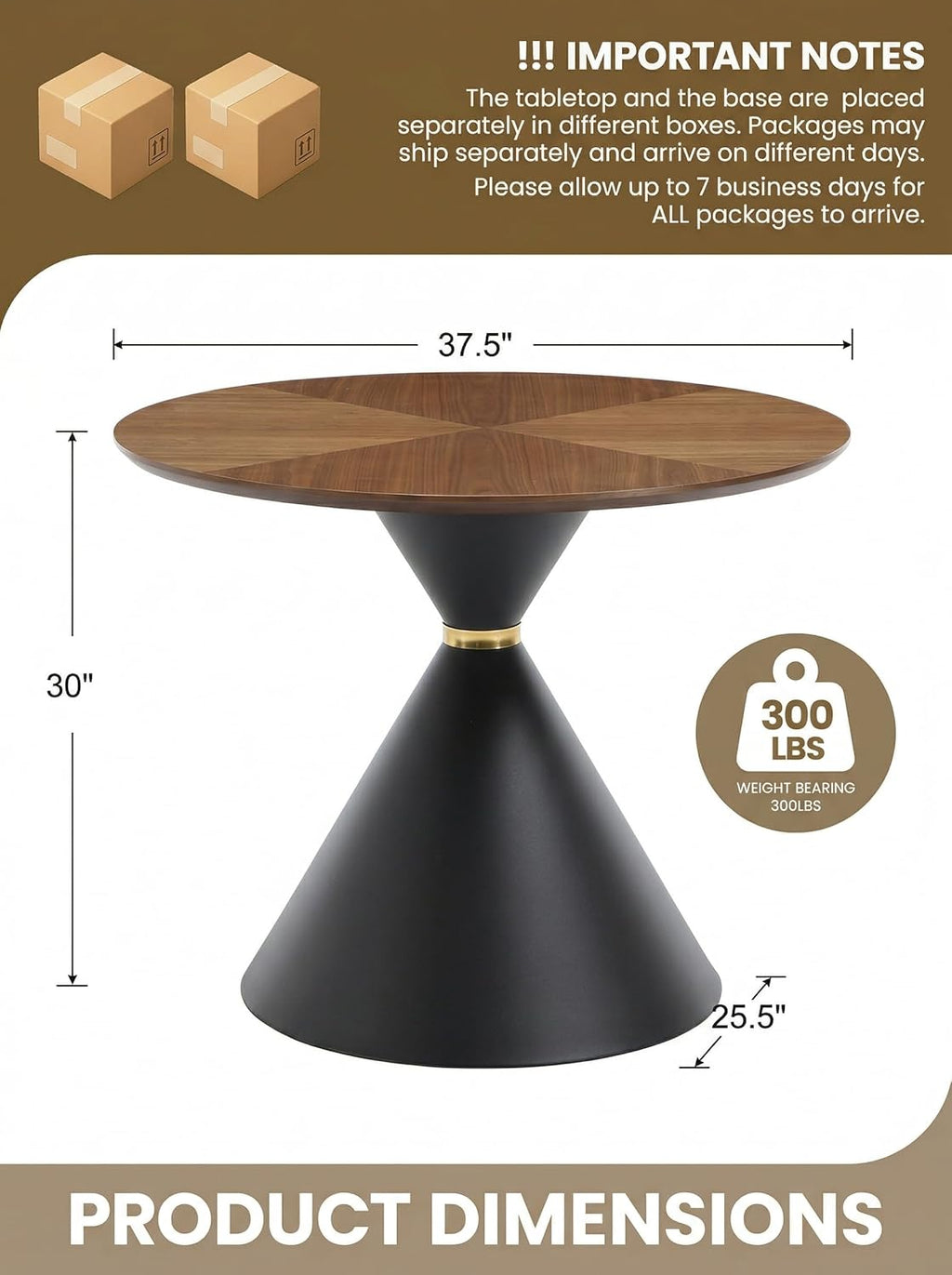 HNY Round Dining Table, 37.5" Modern Coffee Table with Walnut Inlay Tabletop & Matte Black Hourglass Base, Small Accent Table Compact Tables for Living Room, Bedroom, Balcony, Small Space