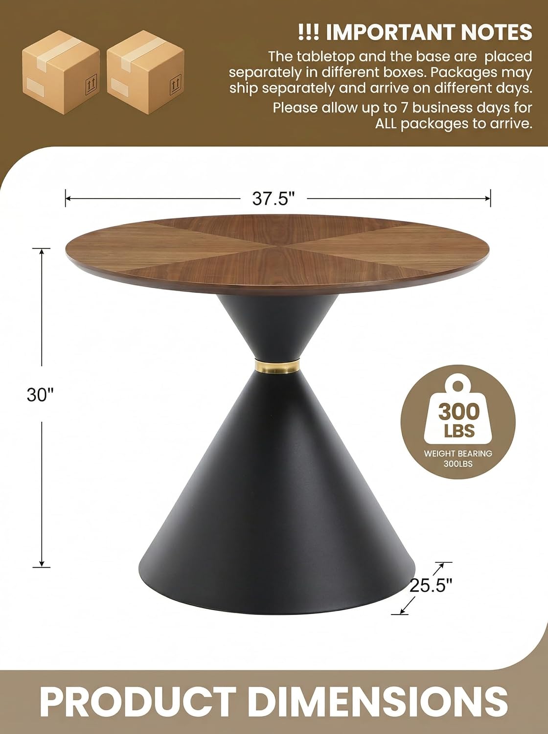 HNY Round Dining Table, 37.5" Modern Coffee Table with Walnut Inlay Tabletop & Matte Black Hourglass Base, Small Accent Table Compact Tables for Living Room, Bedroom, Balcony, Small Space