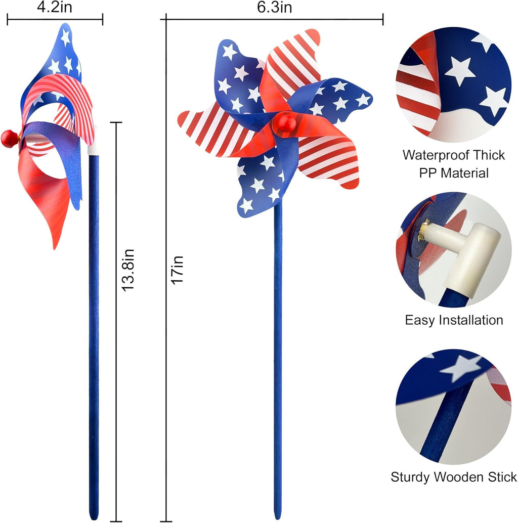 IiILittle 12 Pack Patriotic Pinwheels, No Assembly Required, American Flag Pinwheels, Wind Spinners for Yard for 4th of July Decor, Memorial Day Decor, Patriotic Outdoor Decor