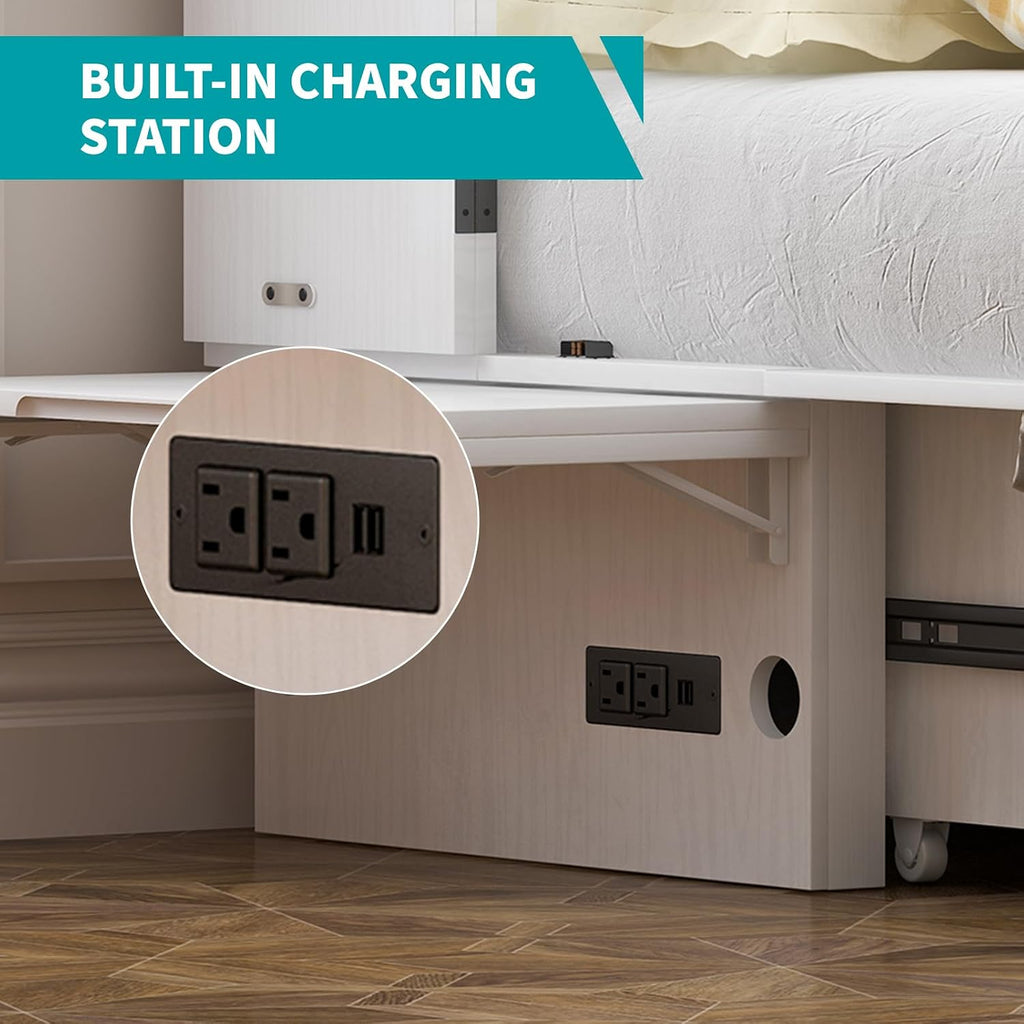 BALUS Queen Murphy Bed, Murphy Cabinet Bed with 2 Storage Drawers &USB Charging Station, Space-Saving Murphy Beds for Living Room/Bedroom, White