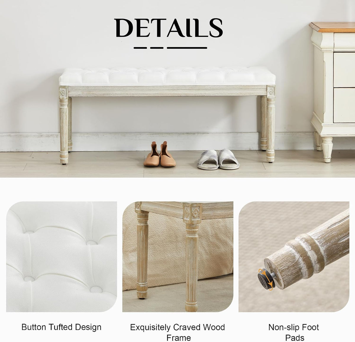 LOULENS 43.9" Linen Fabric End of Bed Bench, Vintage French Upholstered Button Tufted Entry Bench, Window Seat with Carved Wood Legs for Bedroom, Living Room, Entryway, Foyer, Hallway, White