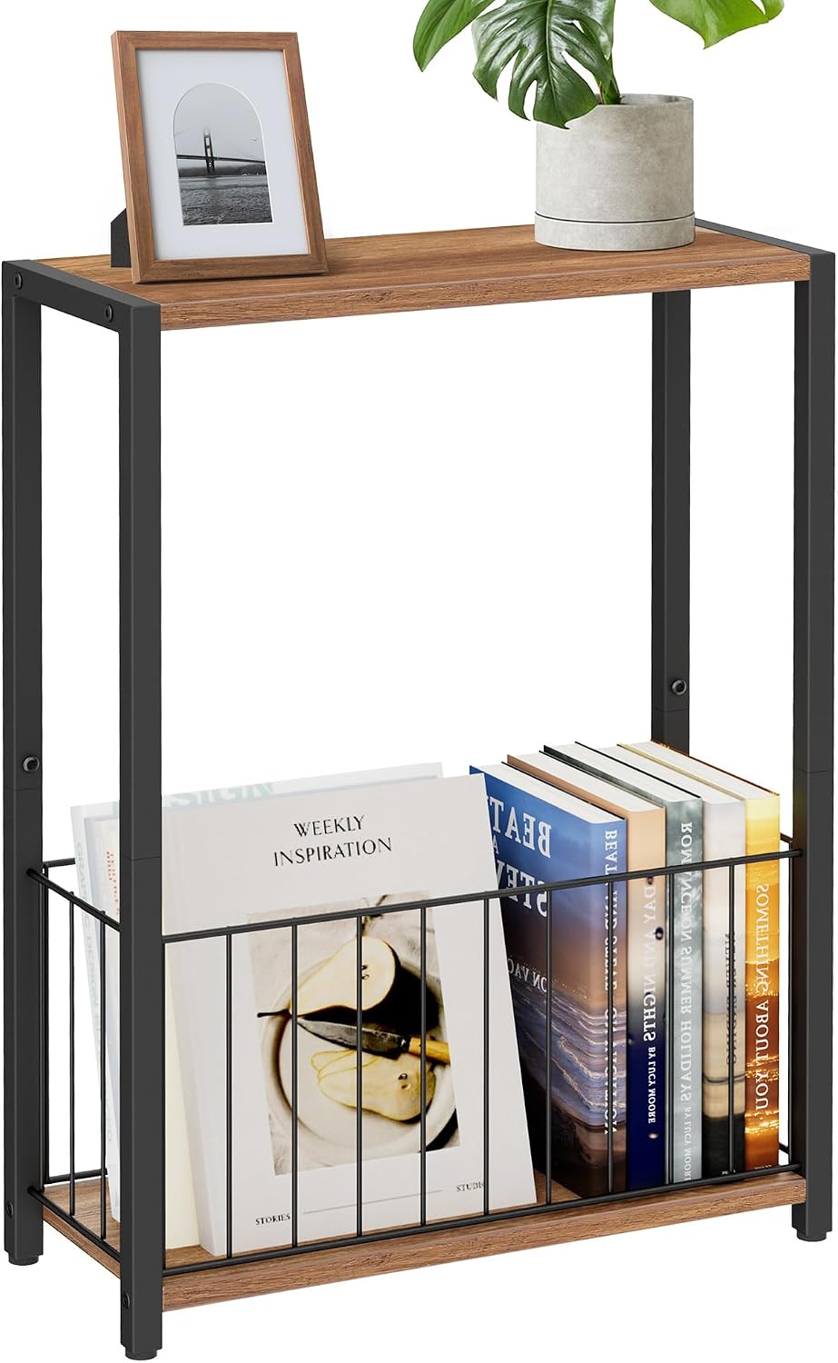 Homleke Narrow Side Table with Magazine Holder, Skinny End Table Perfect for Small Spaces, Space-Saving Design for Living Room, Bedroom, or Office, 7.1" D x 16.9" W x 23.6" H, Rustic Walnut