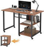 Funecy Folding Desk with Storage Shelf, Writing Office Computer Desk, 42.5 Inch Multi-Purpose Folding Dining Table, Mobile Table with Wheels (Brown)