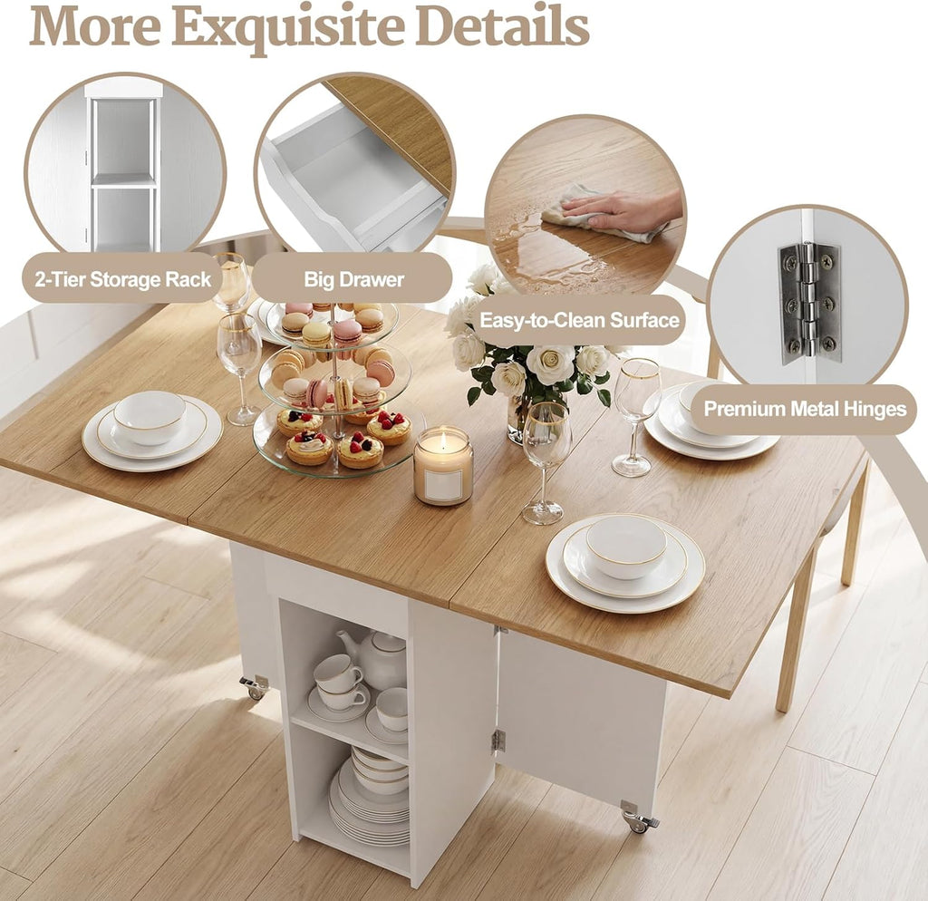 GOFLAME Drop Leaf Dining Table for 2-4, Folding Kitchen Table with Open Shelves & Drawer, Lockable Wheels, Space Saving Extendable Table for Dining Room, Living Room, Small Space, Natural & White