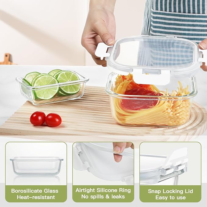 BAYZZ 24 Piece Glass Food Storage Containers with Lids, Airtight Glass Meal Prep Containers for Kitchen, BPA-Free Lunch Box, Microwave and Freezer Safe,White