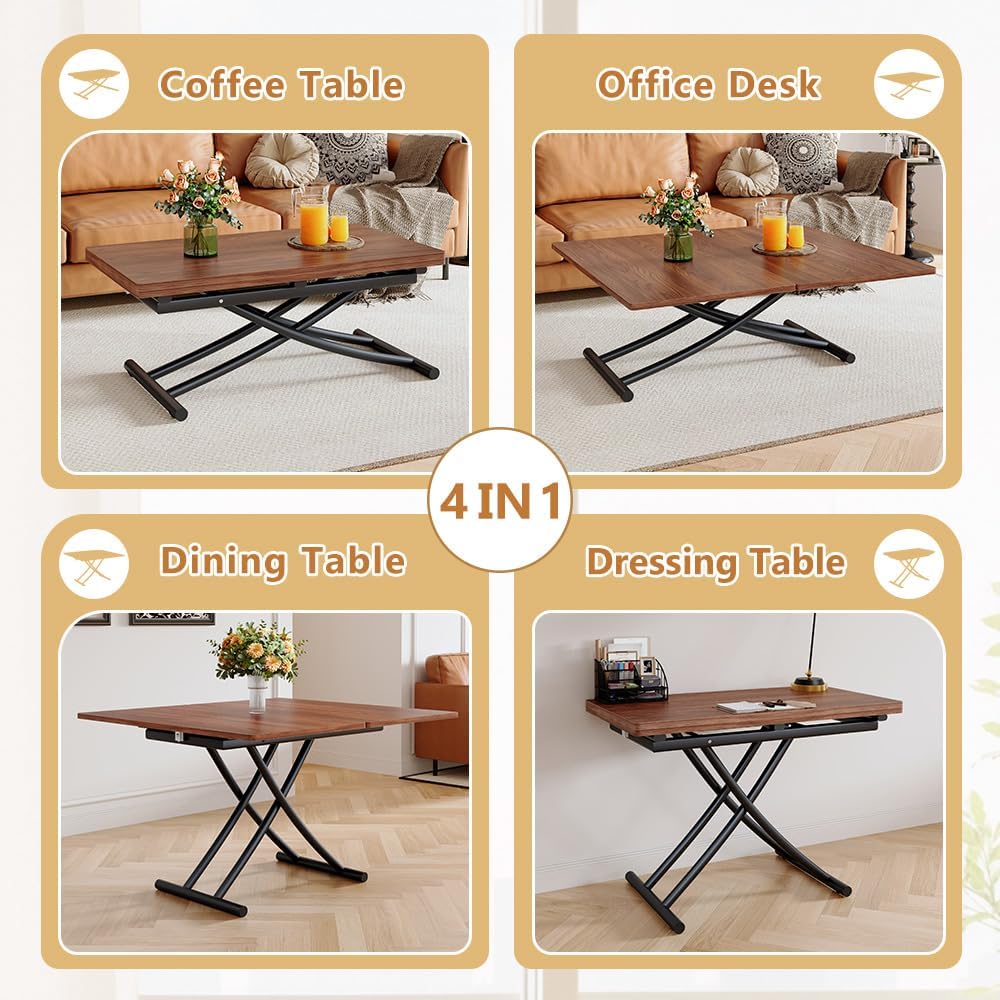 Adjustable Height Coffee Table to Dining Table, Lift Top Foldable Dining Table with Expandable Top & Wheels, Convertible Coffee Table for Small Spaces & Apartments
