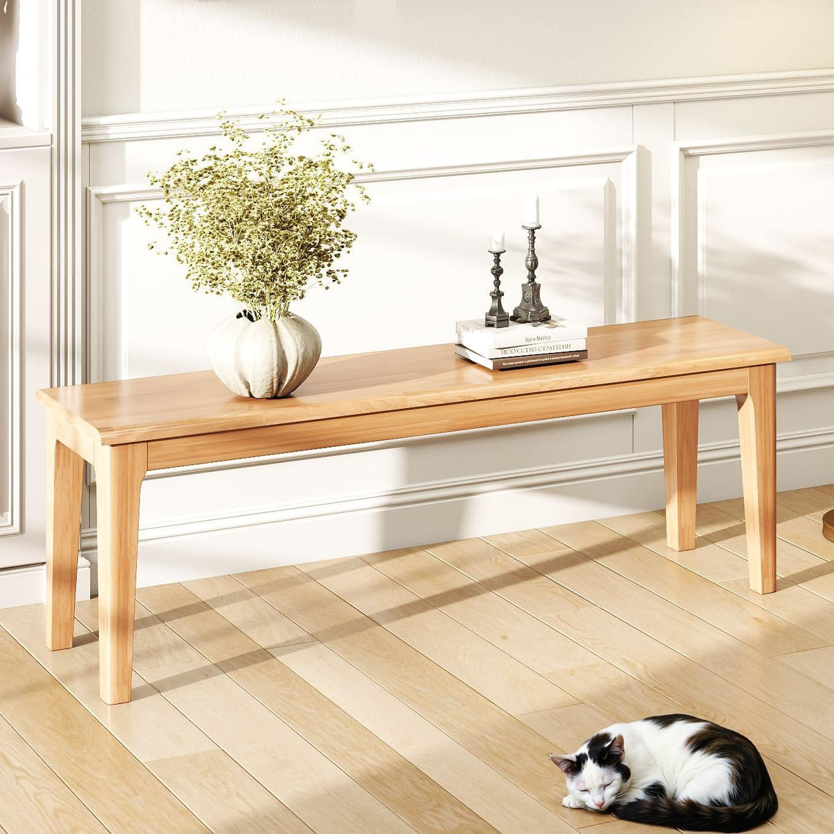 Dining Bench 55.1" Wood Solid Oak Wooden Bed End/Entryway Bench for Bedroom Living Room Kitchen(Nature)