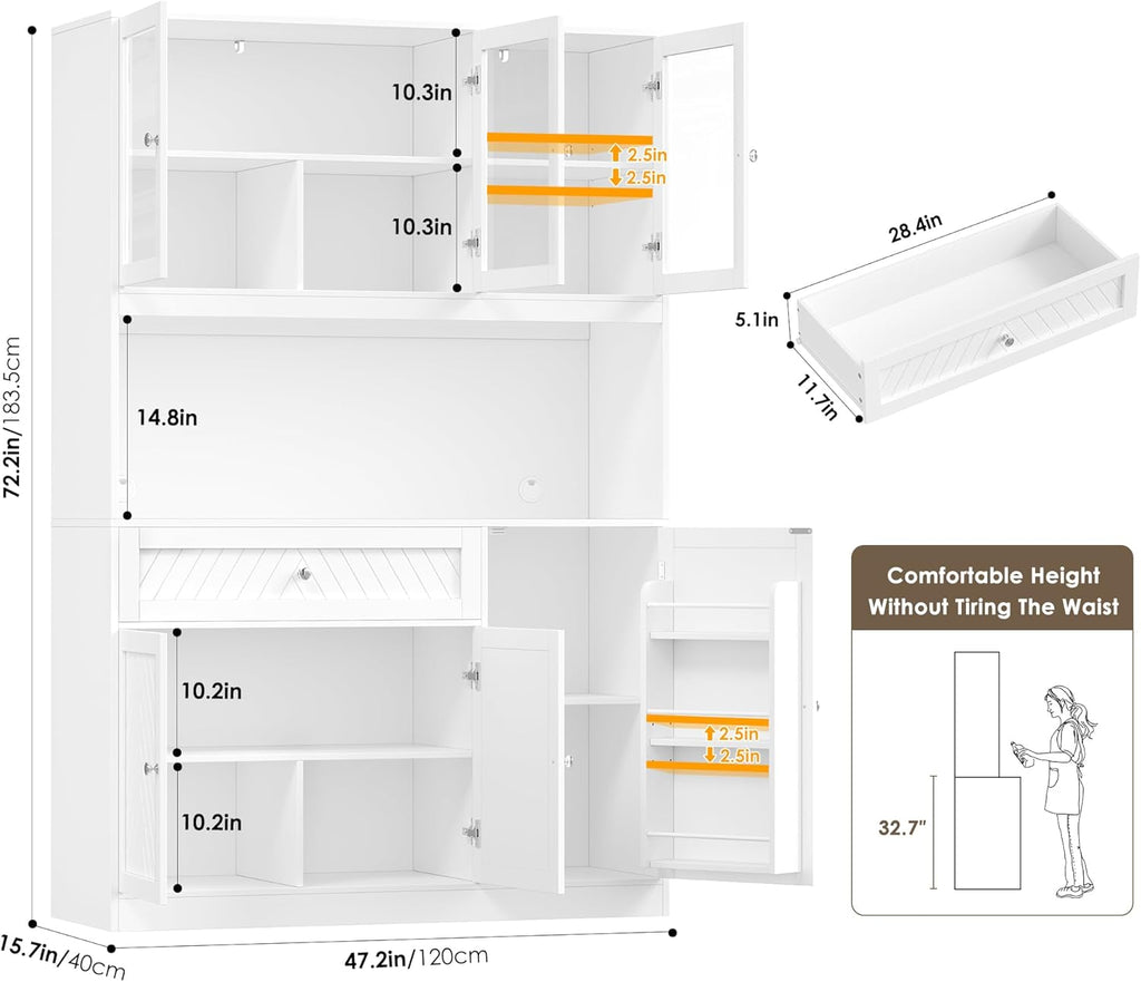 BOTLOG 72” Tall Kitchen Pantry Storage Cabinet, Modern White Kitchen Hutch with Large Storage Drawer, Countertop, Adjustable Shelves, Food Pantry Cabinets for Dining Room, Living Room