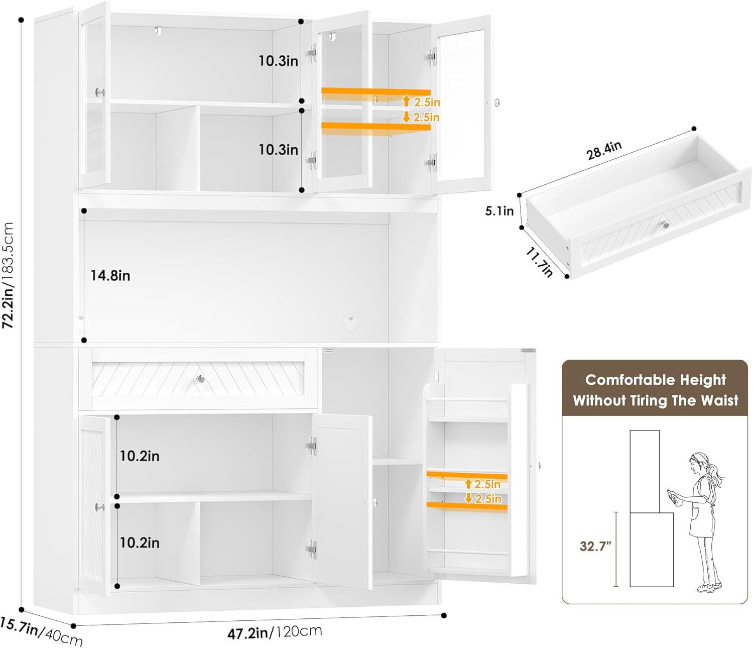 BOTLOG 72” Tall Kitchen Pantry Storage Cabinet, Modern White Kitchen Hutch with Large Storage Drawer, Countertop, Adjustable Shelves, Food Pantry Cabinets for Dining Room, Living Room