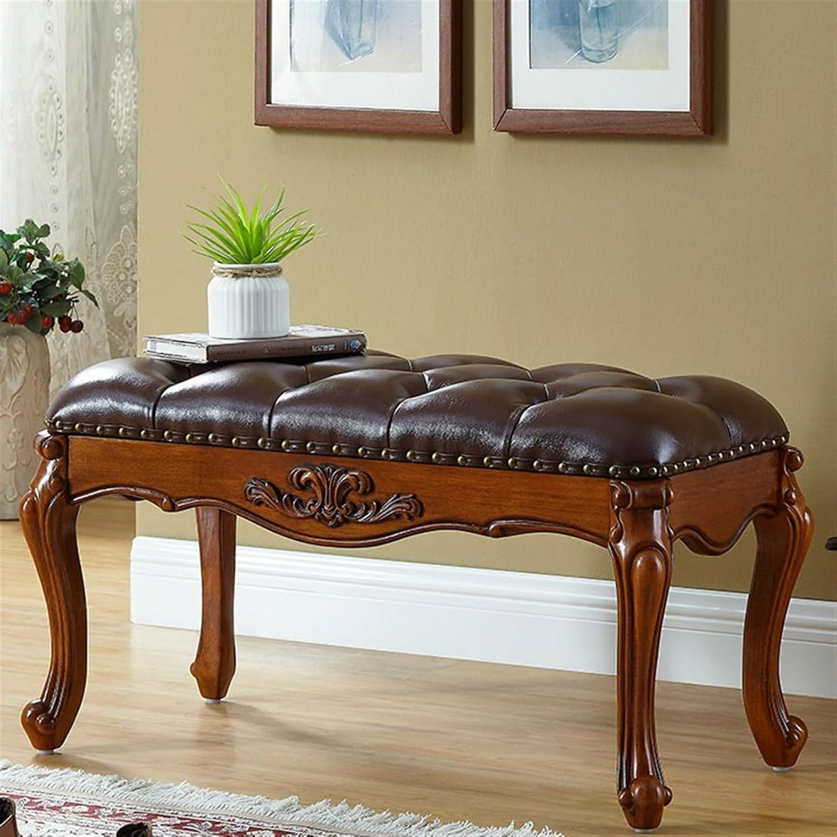 Modern 1.2m/1.5m Vintage European Bedside Stool Bedroom Carved Bench Wooden Shoe Changing Entryway(1.5m)