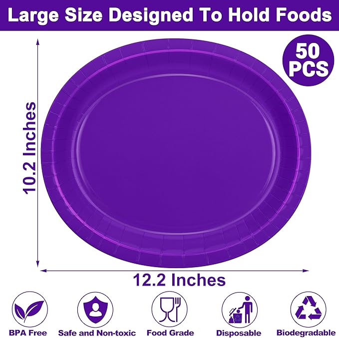 QZYL 50 Pcs Party Decorations, 12.2'' X 10.2'' Oval Large Plates, Purple Disposable Paper Plate Daily Dinner Tray Heavy Duty Paper Plates for Birthday Wedding Picnic Baby Shower Barbecue Holiday