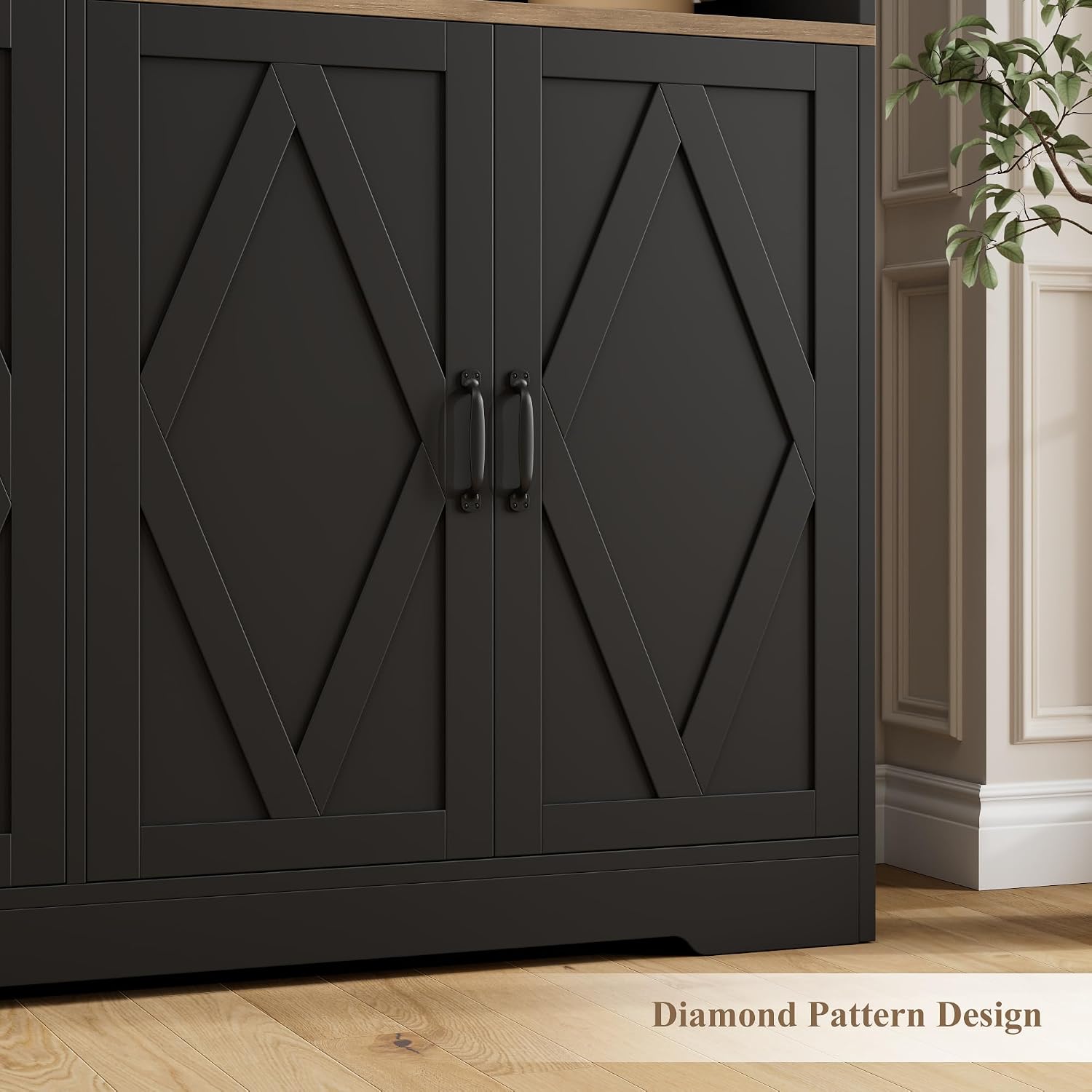 HOSTACK 55" W Pantry Cabinet, 71" Tall Kitchen Hutch Storage Cabinet, Black | Farmhouse Hutch Cabinet with 2 Independant Countertops, 4 Large Storage Cabinets with Shelves / Accent Doors for Dining Room