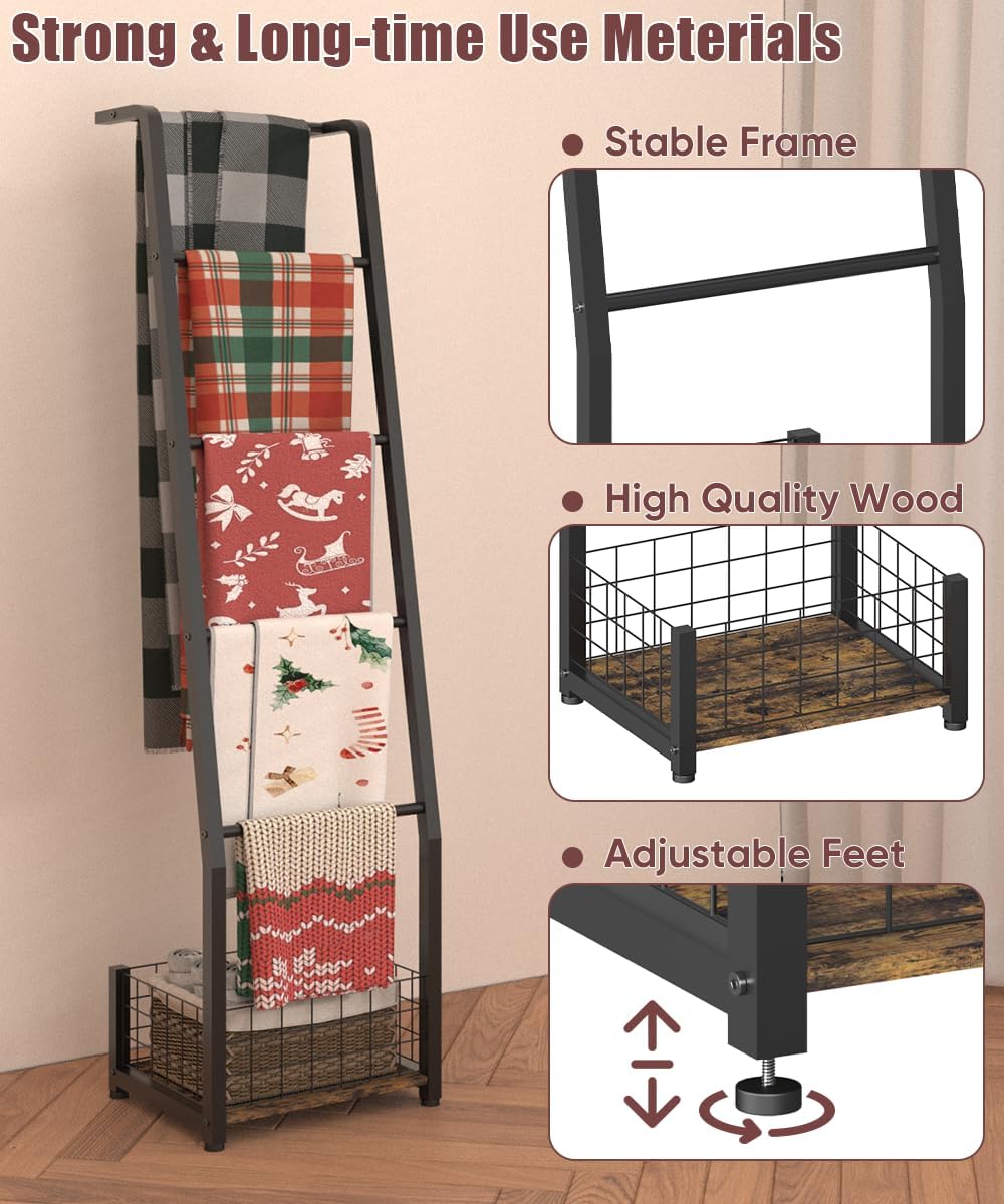 6.3ft Blanket Ladder with Storage Basket, 5 Tier Decorative Ladder Shelf Stand for Living Room & Bedroom, Wall-Leaning Blanket Holder Quilt Rack for Home Décor, Rustic Brown & Black