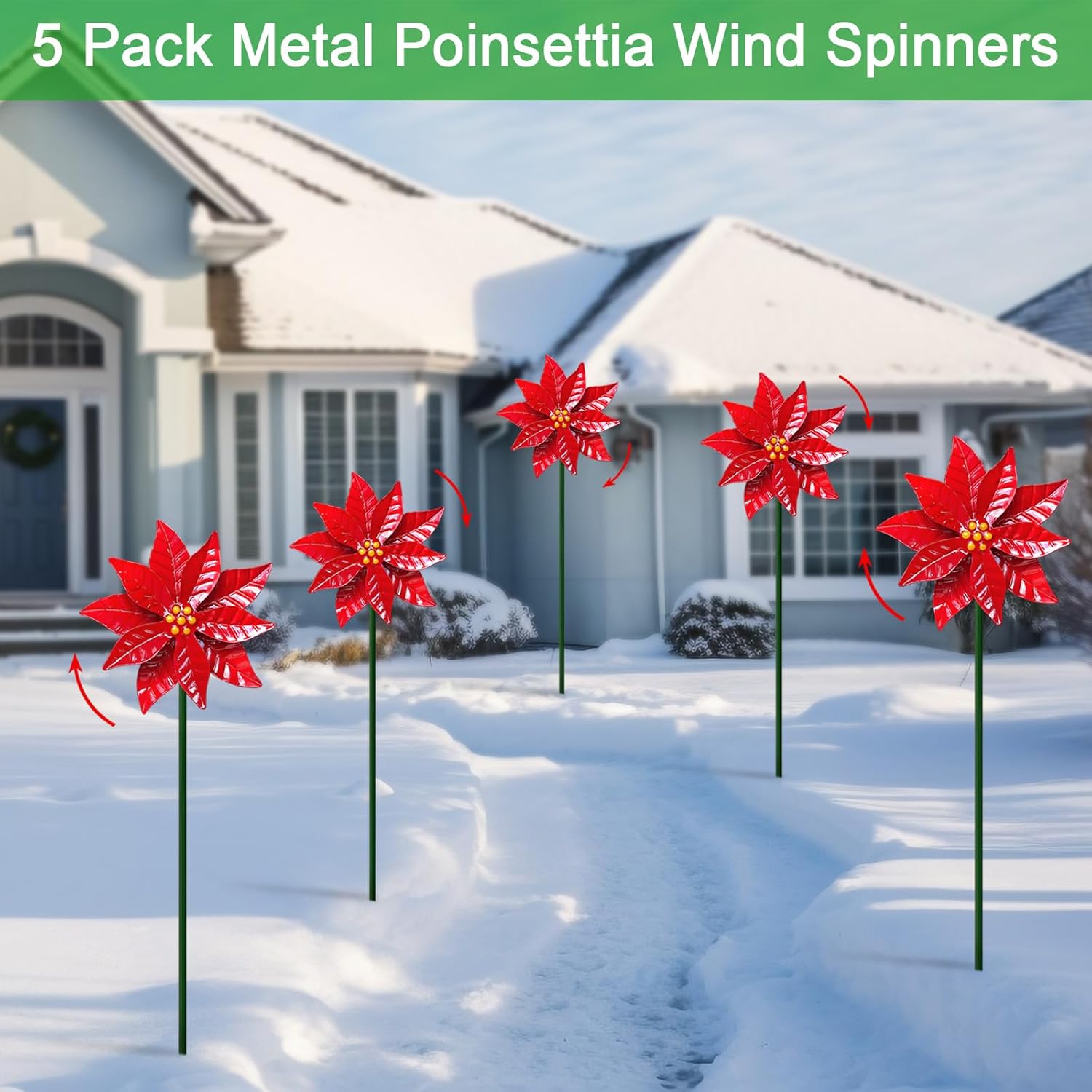 5 Pack Metal Poinsettia Wind Spinners for Garden,Outdoor Lawn Ornaments,Christmas Yard Decorations,Garden Stake and Decor for Outside