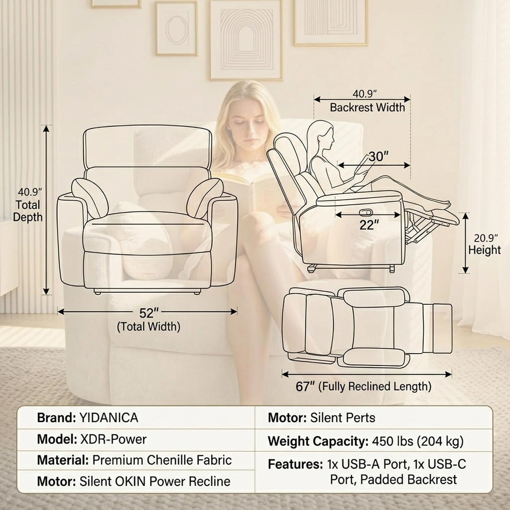 450lbs Oversized Power Recliner Chair for Big and Tall Adults, 52" Extra Wide Electric Recliner with USB & Type-C Ports, Chenille Fabric Single Sofa Chair for Living Room & Bedroom (Beige)