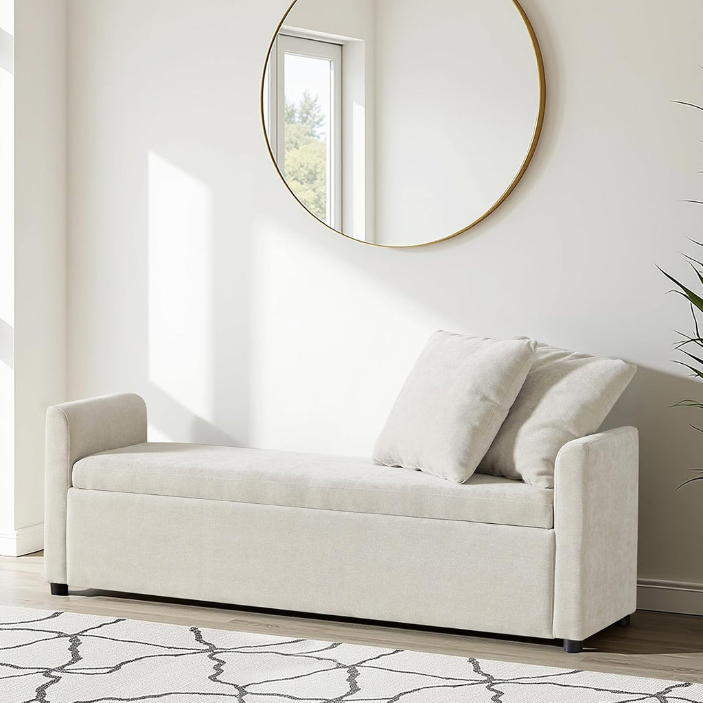 59.5" Modern Storage Ottoman Bedroom Bench, End of Bed Bench with Arms and Throw Pillows, Footrest Stool for Living Room, Dining Room, Entryway and Hallway, Linen
