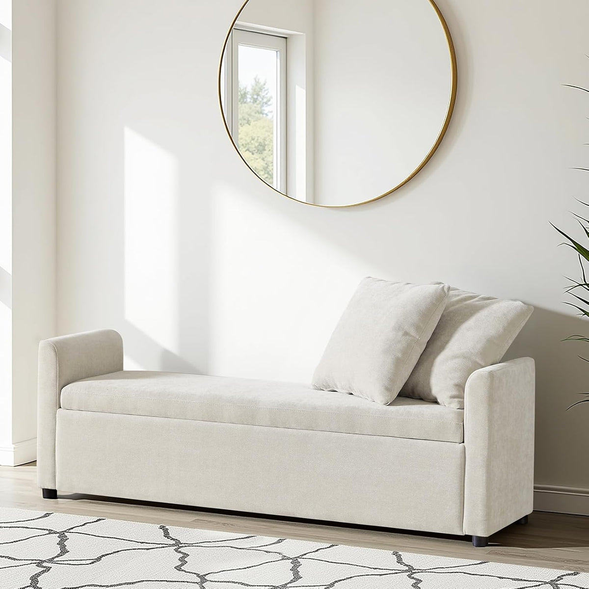 59.5" Modern Storage Ottoman Bedroom Bench, End of Bed Bench with Arms and Throw Pillows, Footrest Stool for Living Room, Dining Room, Entryway and Hallway, Linen
