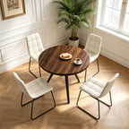 34.6" Round Dining Table Set for 4, Modern Kitchen Coffee Table Set with 4 Faux Leather Chairs, MDF Small Space Saving Dining Room Table and Chairs Set (Walnut Table+4 Beige U-Shaped Chairs)