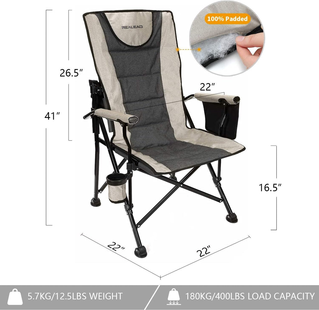 REALEAD Camping Chairs for Adults - Heavy Duty Folding Chairs for Outside Support 400 LBS - Padded High Back Camp Chair with Movable Backrest - Portable Lawn Chairs for Outdoor Sports