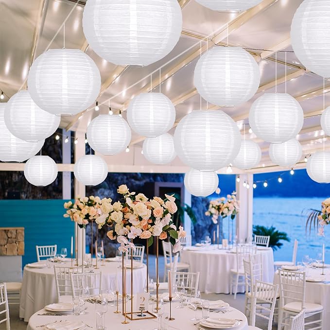 ADLKGG White Paper Lanterns Party Decorative, White Round Hanging Paper Lanterns Decorations for Graduation Wedding Engagement Birthday Party Decorations, 21pcs