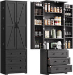 72" Farmhouse Pantry Cabinet, Large Wood Kitchen Storage Cabinet with 2 Sliding Barn Doors & 3 Drawers, Adjustable Shelves, Particle Board for Dining Room, Bathroom, Living Room (Black)