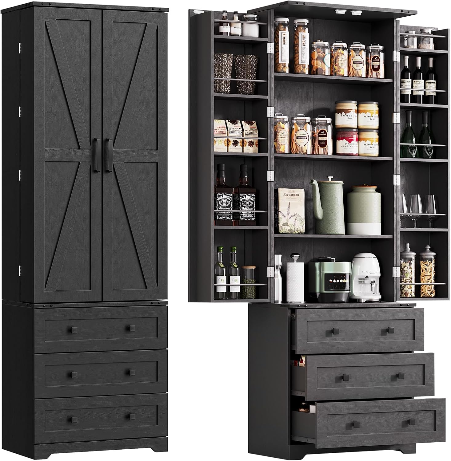 IDEALHOUSE Farmhouse Kitchen Pantry Cabinet - 72" Tall Large Wood Kitchen Storage Cabinets with Adjustable Shelves & 2 Barn Doors & 3 Drawer, Versatile Storage for Dining Room, Bathroom, Living Room