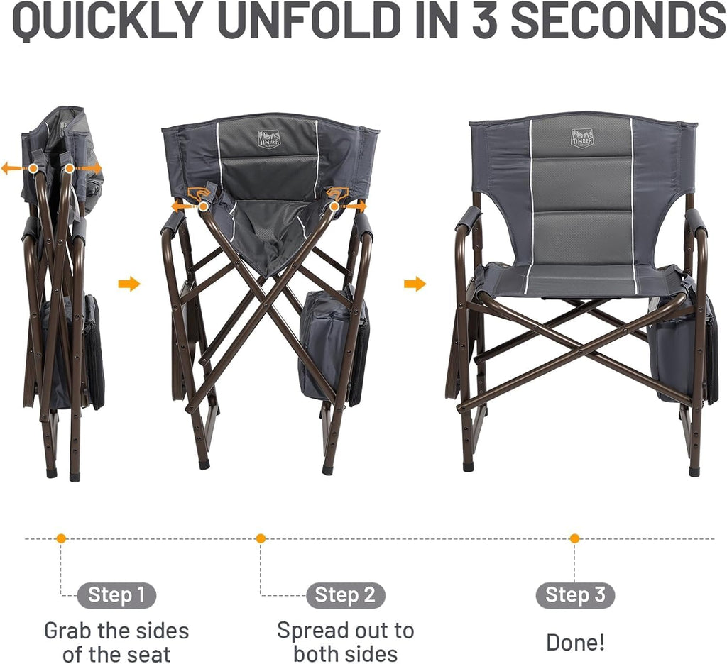Timber Ridge Folding Camping Chair with Cooler Bag, Director Chair Foldable with Side Table for Adults, Camp Chairs for Outdoor, Lawn, Sports, Fishing, Heavy Duty Supports 300lbs, Grey-2 Pack