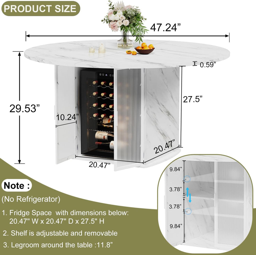 IBF 47" Round Dining Table with Storage, White Faux Marble Kitchen Tables for 4-6 People, Modern Dining Room Table with Fridge Space, Wood Circle Dinner Tables for Home, White Marble, Only Table